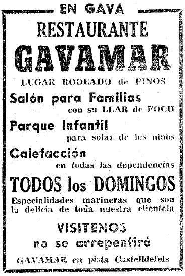 Anunci del Restaurant Gavamar de Gav� Mar publicat al diari LA VANGUARDIA (2 de Desembre de 1961)